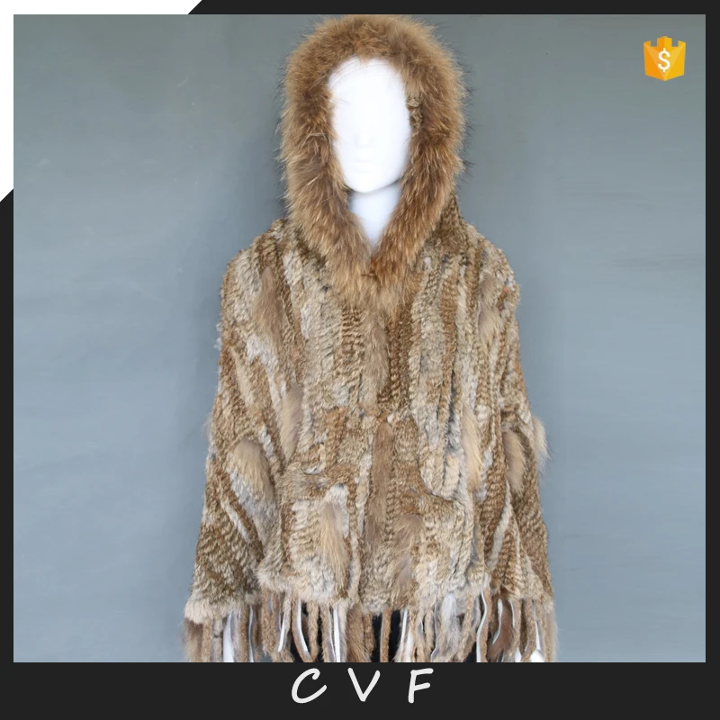 Genuine rabbit fur knitted poncho with hood for women real raccoon fur trim cape wholesale