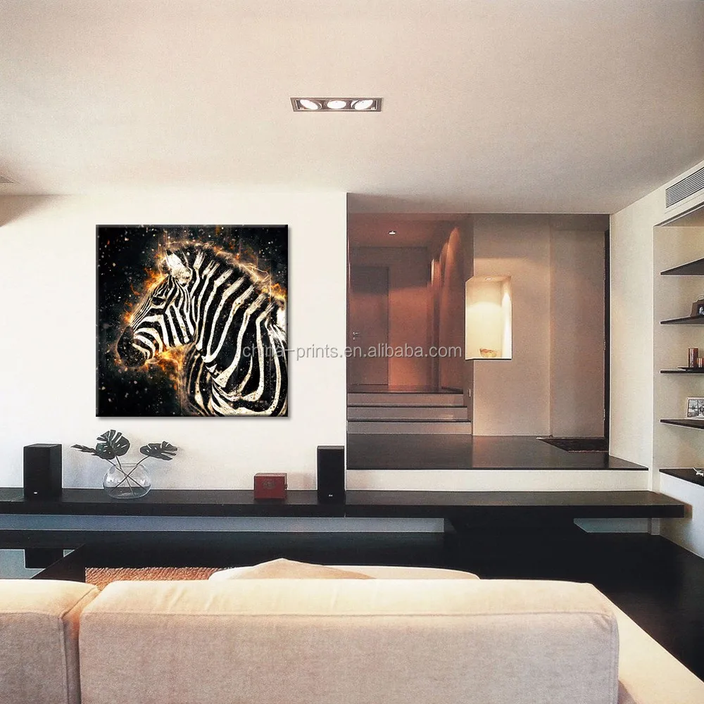 African Zebra with Fire Wall Art/Abstract Animal Picture Giclee Artwork/Modern Black and White Canvas Art
