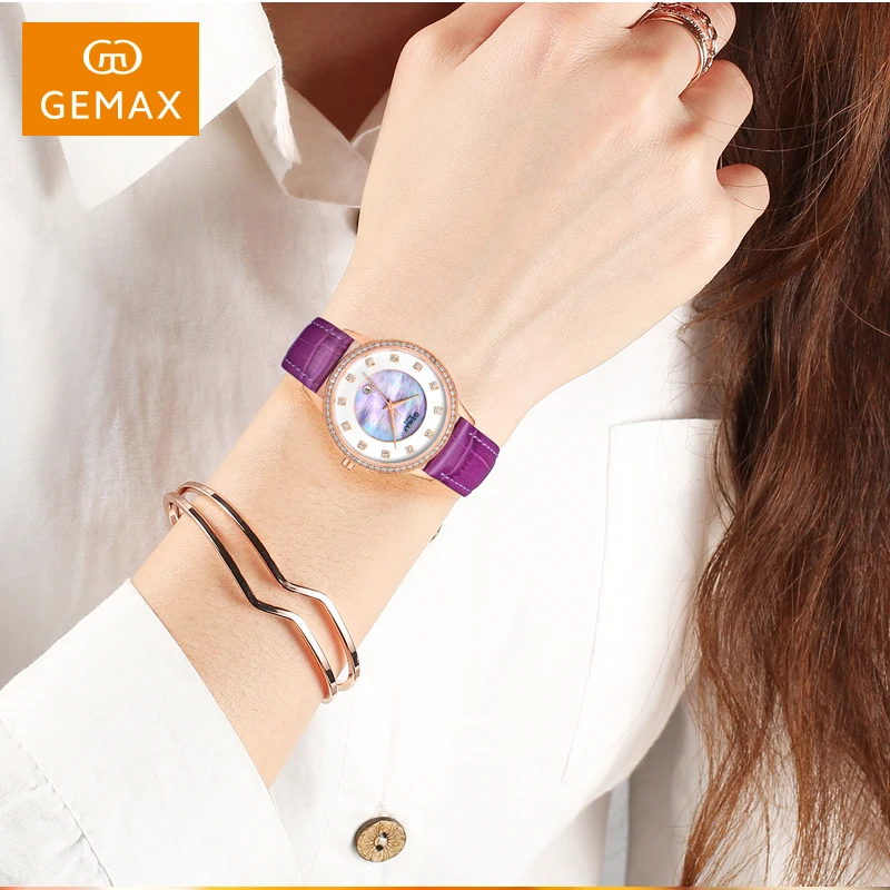 Charming Purpul fashion casual lady watch wholesale leather strap stainless steel quartz women wristwatch