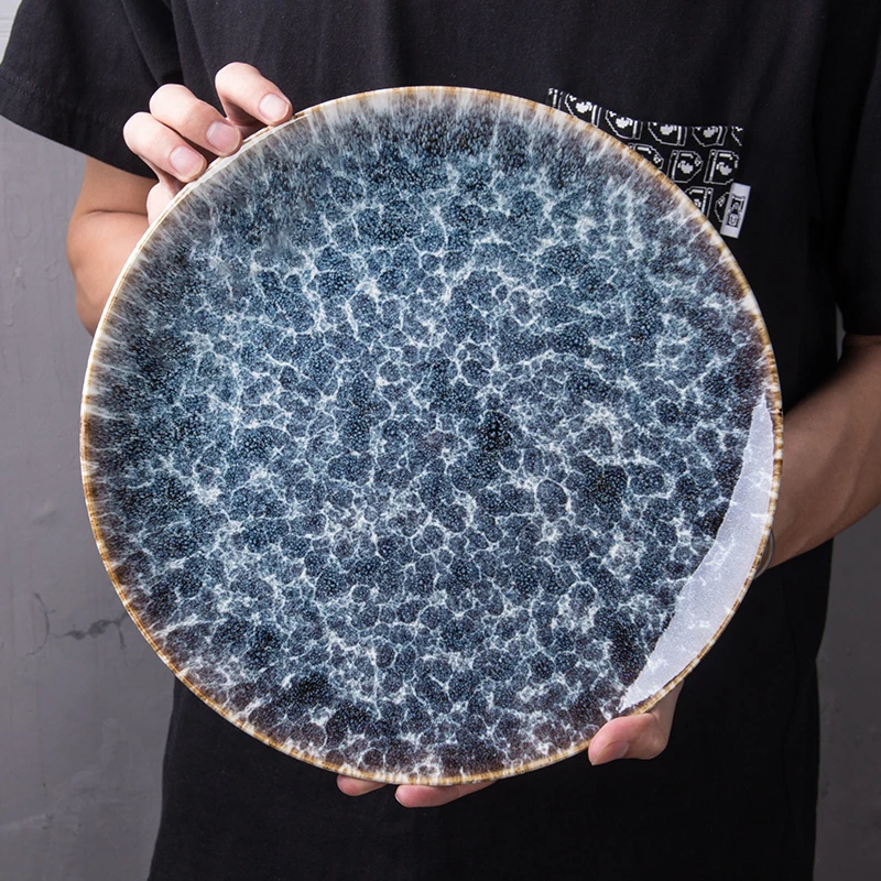 Завод Dehua в наличии, Круглый лоток для стейка, фарфоровые обеденные тарелки, керамические синие