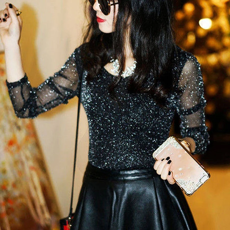 Женская прозрачная сетчатая блузка, элегантная прозрачная блестящая рубашка с длинным рукавом, модные женские топы, осень-лето 2019