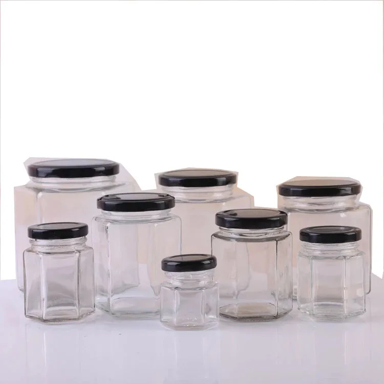 Wholesale hexagon glass jar for honey, honey bear jar with metal lid