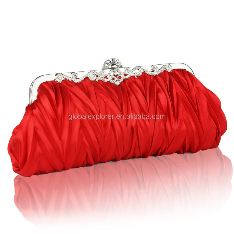 
Luxury pleated satin women clutch bag evening party with metal frame 
