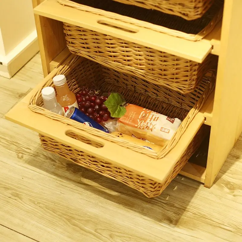 Cheap Manual Wicker Basket Drawers With Handle Wooden Cabinet For Home Storage