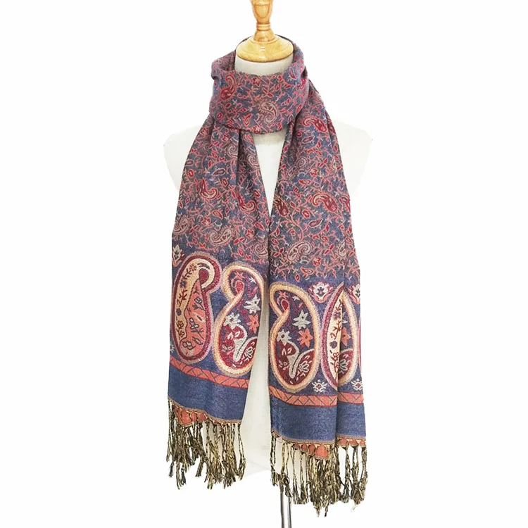 Pashmina Silk Paisley Border Pattern With Tassel Fringes Scarf Shawl Thin Stole Rave Gift for Women Autumn Winter Spring
