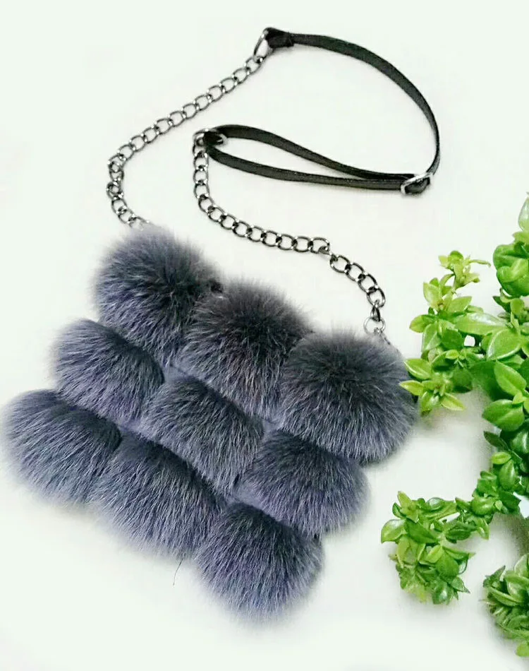 Custom Design Lady Handbag Real Fox Fur Bag Long Metal Chain Shoulder Bag