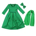 Children Cothing Spring Autumn Girls Dresses Muslim Girls Long Sleeve Dress Headwear Bow Three Piece Suits