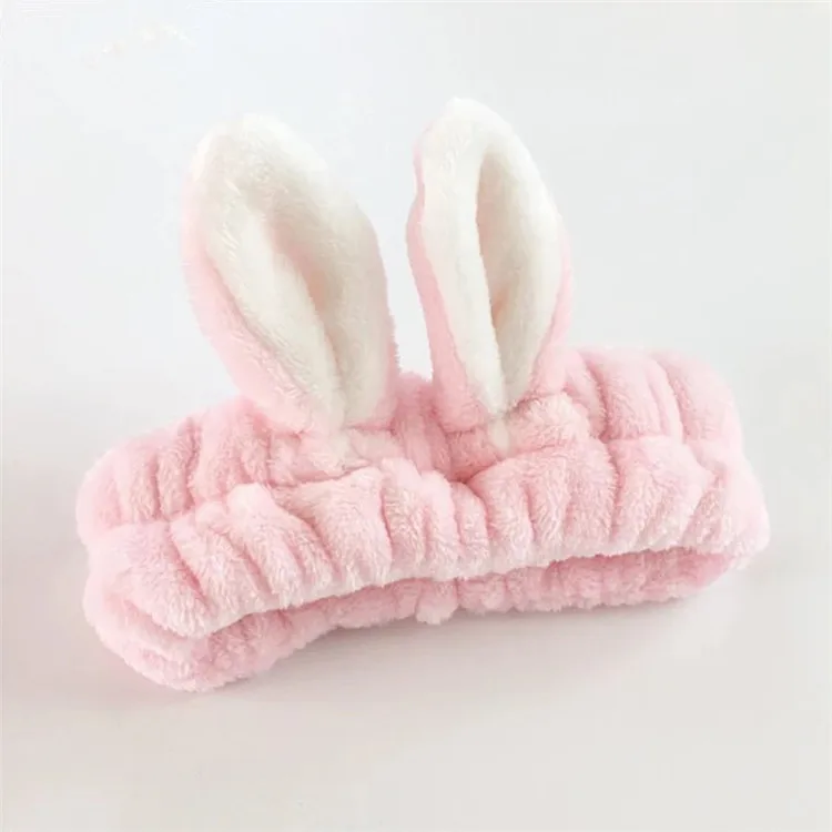 New Design Women Fashion Lovely Soft Carol Fleece Rabbit Ears Headband Makeup Cosmetic Shower Elastic Hair Band
