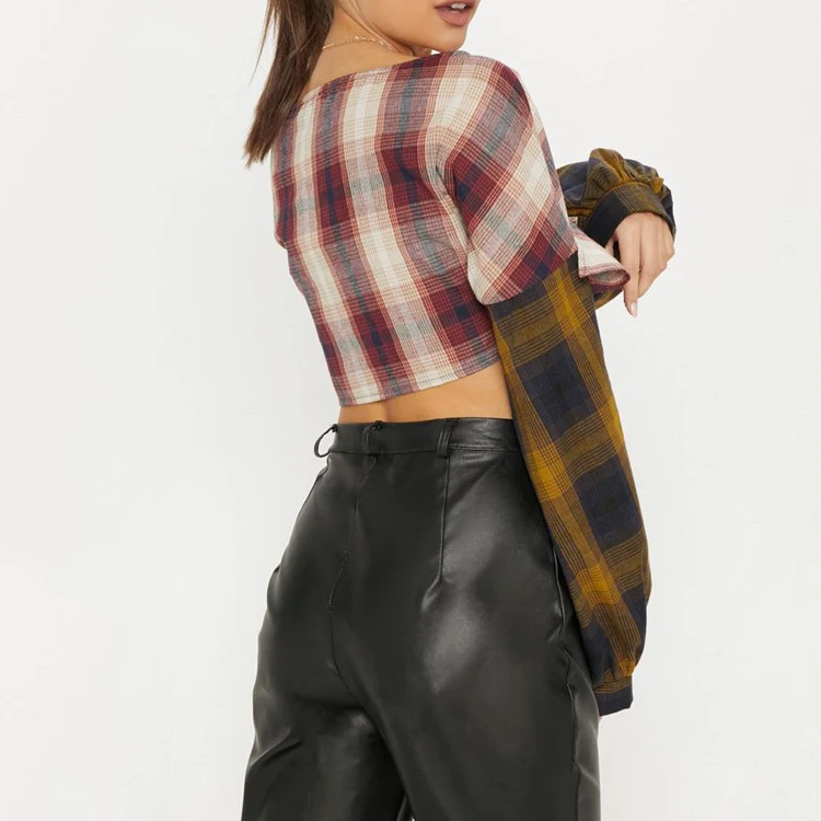 Manufactory custom new design contrast check long sleeve women crop shirt