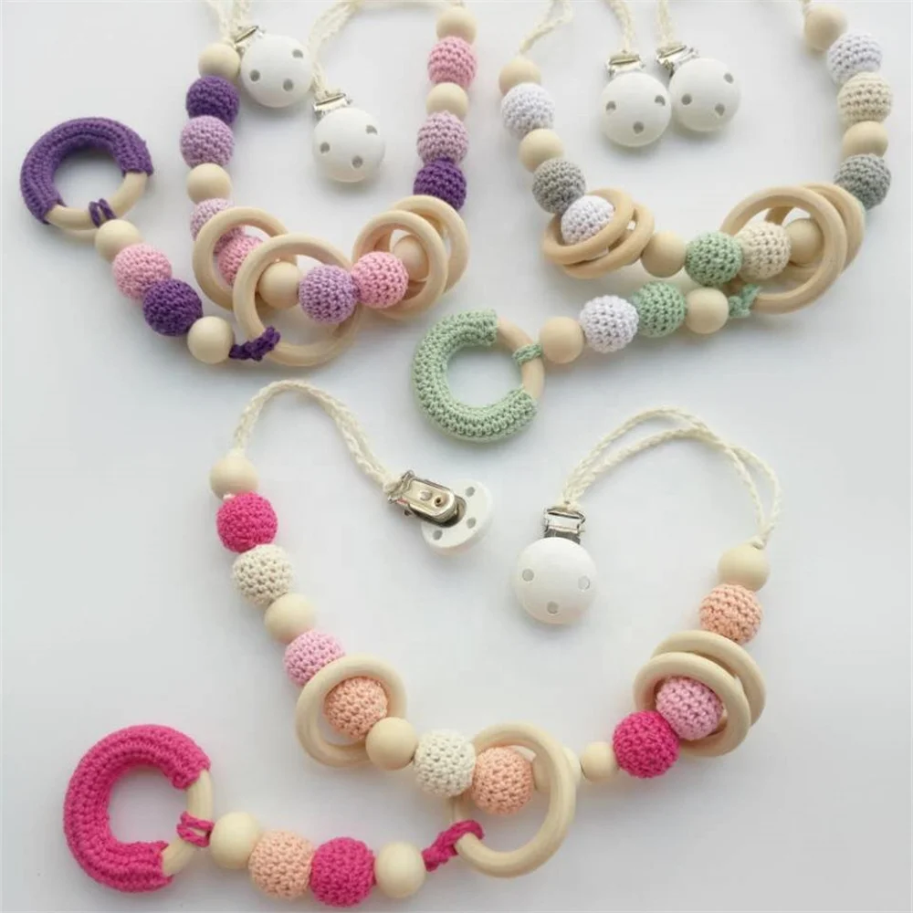 Crochet Baby Teether Organic Wood Pram Chain Stroller Hanging Toy