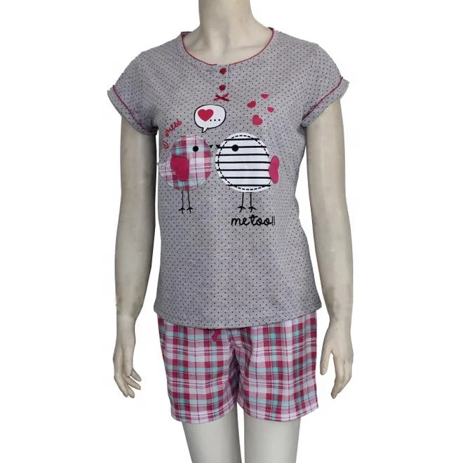 Ladies pyjamas in round neck short sleeve tee shirt and long pants with full elastic waistband homewear