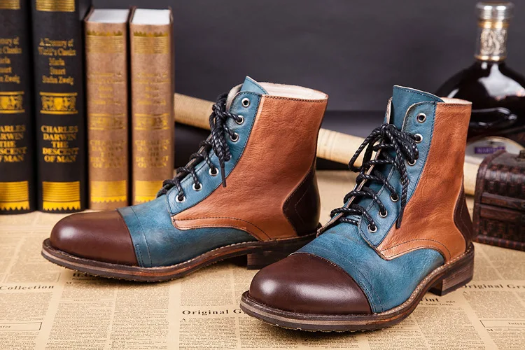 NA059 Men Motorcycle Boots New Model Vintage Boot Winter Fur 2023 New Cow Split Leather Waterproof Buckle Male Boots Men Shoes