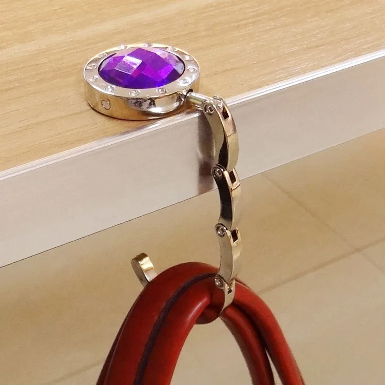 Factory direct price metal foldable table top hand bag hook hanger table hanger hook with precious stone