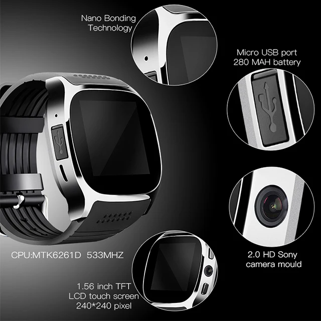 1.54 Inch Touch Screen BT Smartwatch T8 With Camera Facebook Whatsapp Support SIM TF Card Call  Android Smart Watch