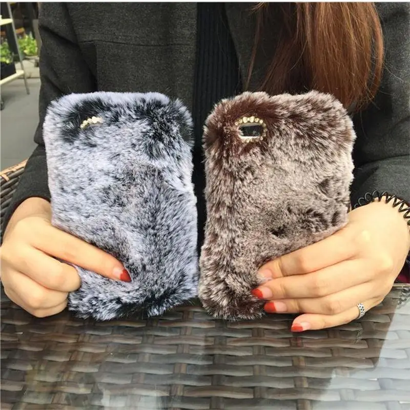 Bling Diamond Luxury Soft Rex Rabbit Fur Phone Case For iphone 6 6s 6Plus 6 Plus 7 7 Plus 8 8Plus X Cute Fuzzy TPU Back Cove