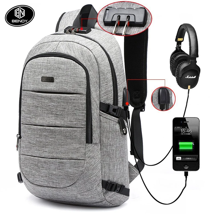 Hot sale waterproof Resistant Polyester Laptop Backpack bag with USB Charging Port Lock Headphone interface