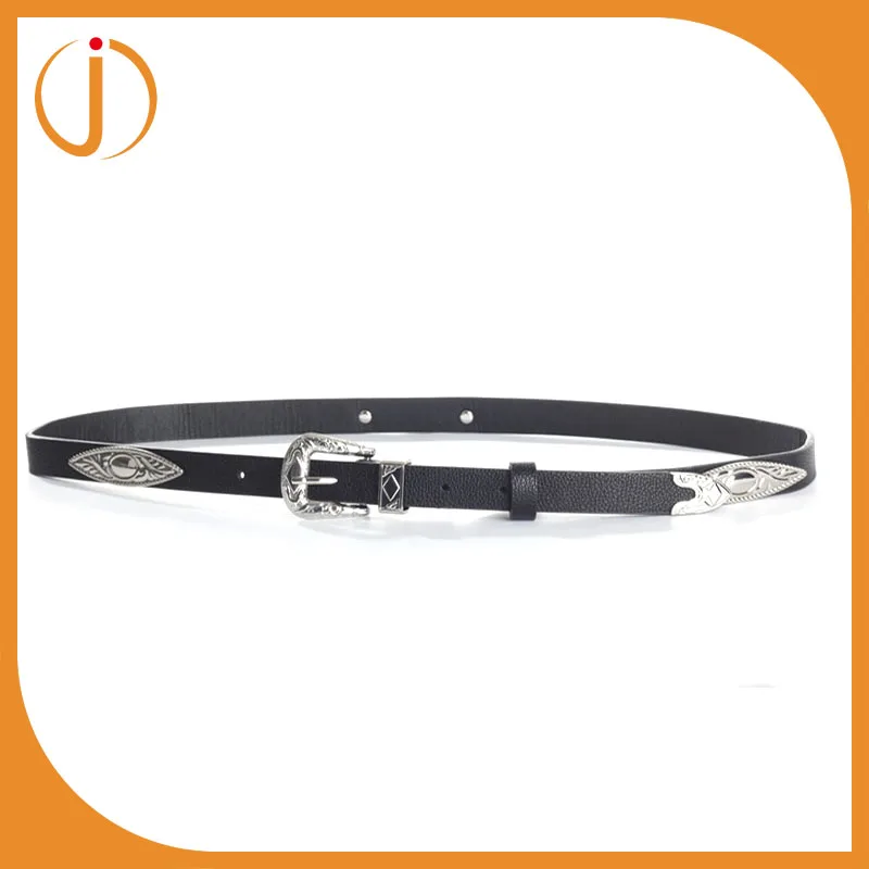 Женщины Vintage Emgraved Металл Украшения Тонкий Черный PU Кожаные Ремни Дизайнер