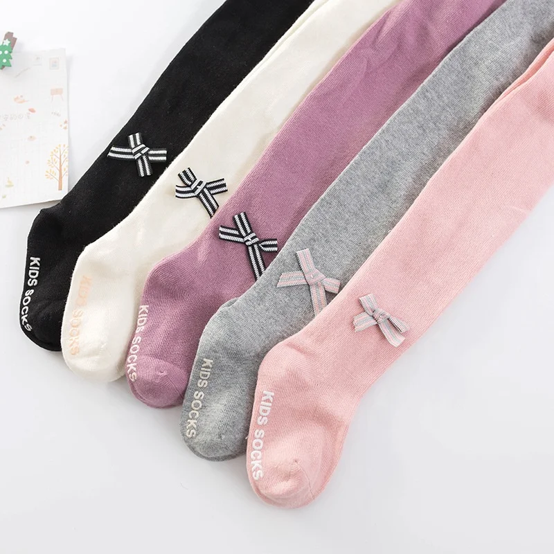 2022 New Custom Manufacture Baby Pantyhose High Quality Cotton Colorful Bowknot Silicon Girl Tights