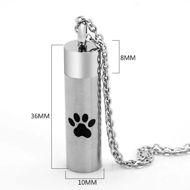 Cylinder dog paw design Low moq 316L stainless steel perfume necklace relatives pets ashes urn cremation pendant
