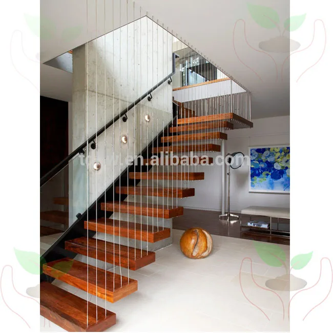 
floating teak staircase with wire rails 