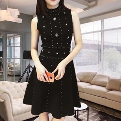 Custom Elegant Lady Sleeveless Beading Bandage O-neck Solid Color Sexy Club Mini Black Dress Women Evening Party Dress