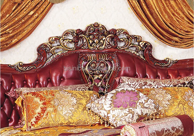 Antique Classic Red Color Solid Wood Wedding King Size Bed, Wedding Bedroom Furniture(MOQ=1 SET)