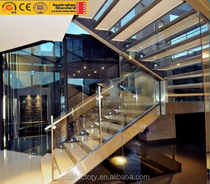 Modern glass stairs Used Laminated Tempered Glass treads stairs Stainless steel handrails glass balustrade staircase TS-397