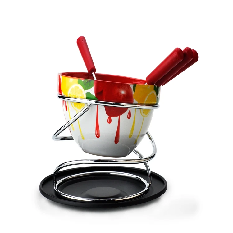 Unique Products Mini Ceramic Fondue Set Seramic Bowl With Stainless Steel Stand and Candle Cup and 4pcs Forksand Metal Tray