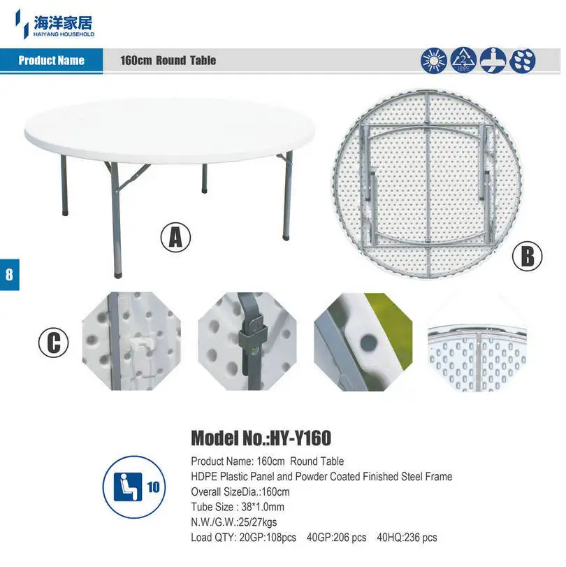 160cm cheap sale plastic round table with 10 seater