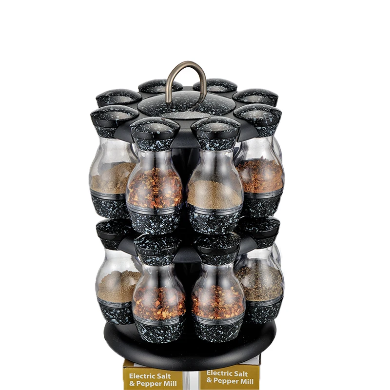 16 Jar Revolving Stainless Steel Glass Kitchen Storage Spice Jars Rack Set