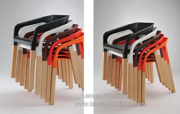 Modern wholesale armrest wood leg stackable restaurant plastic chair