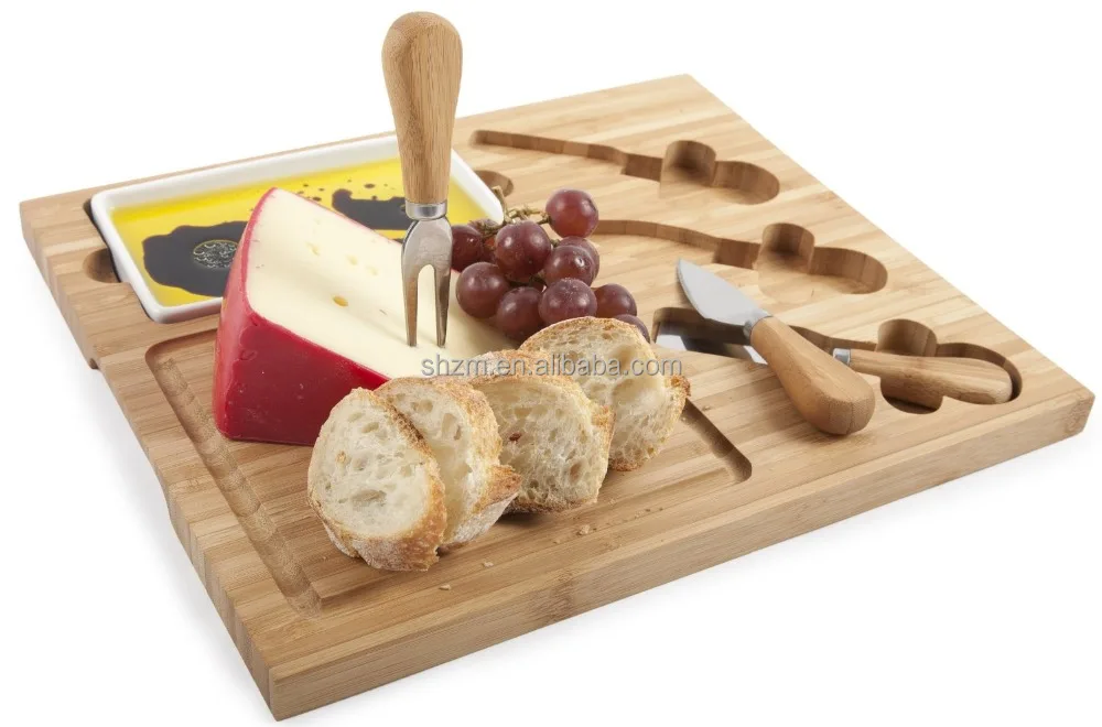 Eco-friendly Bamboo Cheese Board Set with Ceramic Dish and 3 Cheese Tools