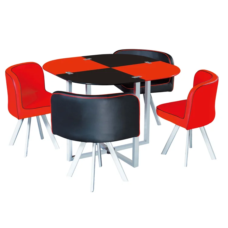 European Style Space Saving Modern Cheap Dining Room Set 1 Table+4 Chairs Glass Black and Red Coffee Table