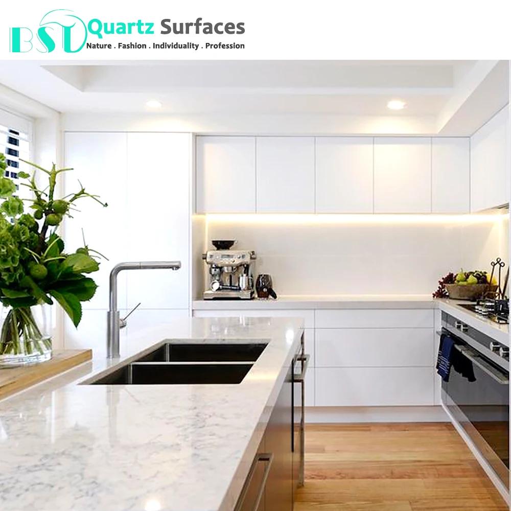 White Misty Carrera Restaurant luxury Quartz Table Top Kitchen Counter Top Vanity Top Island