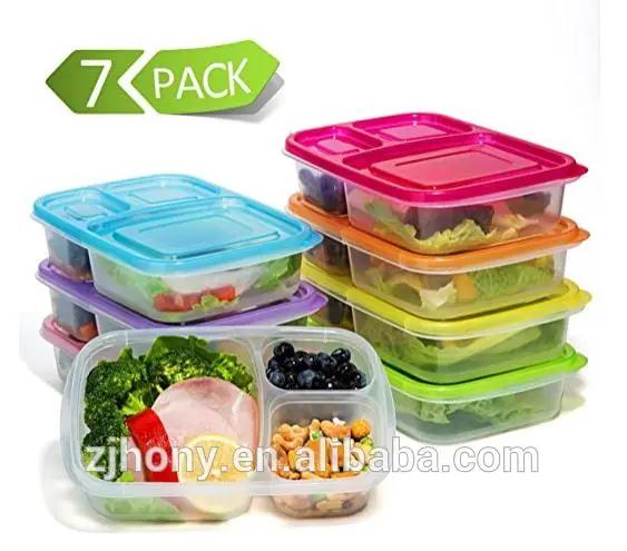 2017 best Meal Prep Containers 3-Compartment Lunch Boxes Food Storage Containers with Lids, BPA Free Plastic Bento Box Set of 7