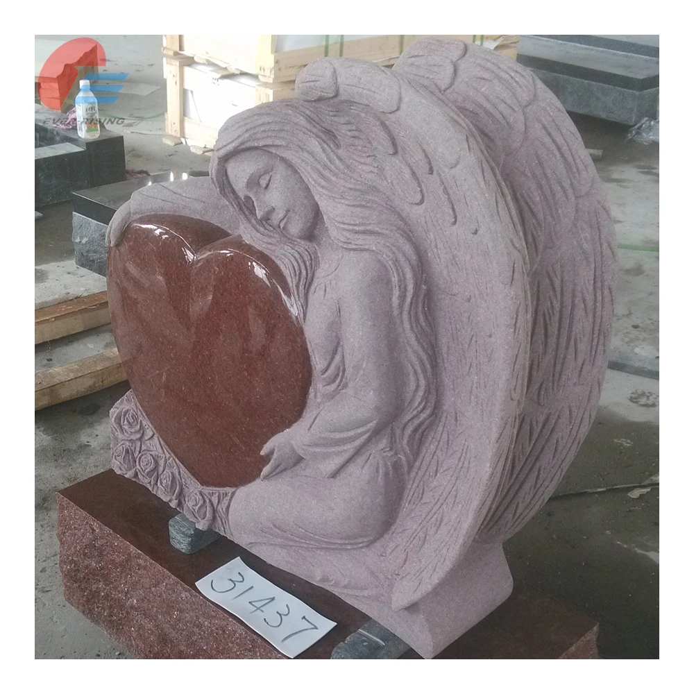 Indian Red Granite Headstone And Monument,Angel Heart Shape Cemetery Headstone