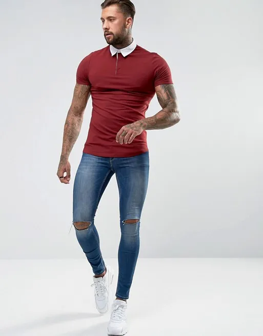 
OEM fashion Short Sleeve Cotton Slim Fit Red Curve Hem Polo Shirt For Men 