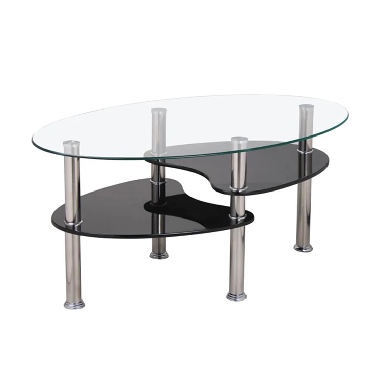 New design stylish high gloss stainless steel legs oval tempered glass coffee table
