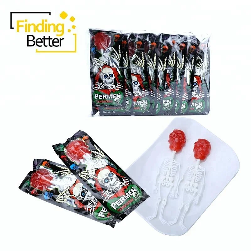 
Halal Customized Pin Pon Lollipops Skeleton Toy Candy Halloween Sweets Skull Lollipop Candy 