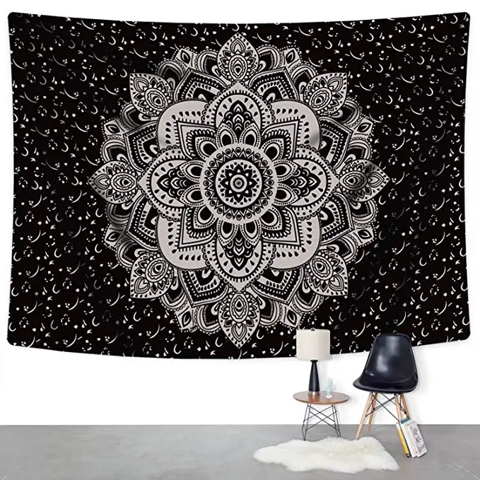 Mandala Tapestry Wall Hanging Black & Gray Wall Art Floral Decorative for Bedroom