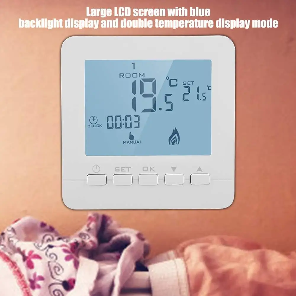 High Accuracy 7 Days Programmable Blue Backlight Boiler Thermostat With 0.5C Swing Temperature