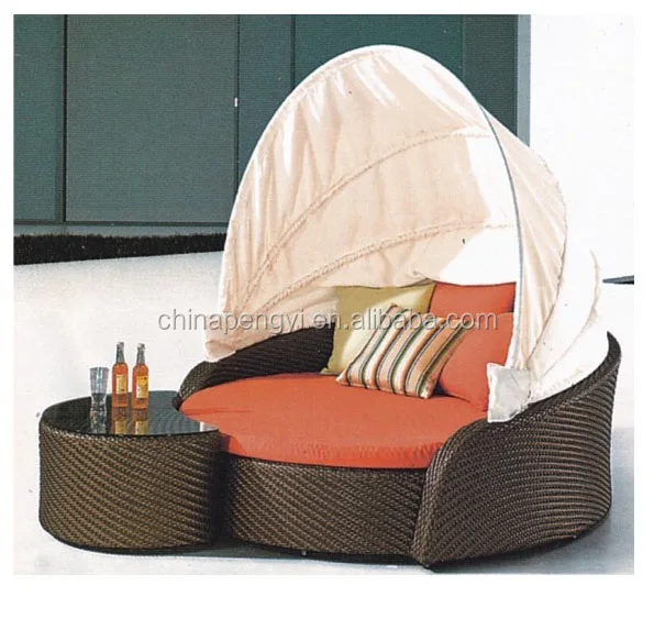 Outdoor Wicker Patio Espresso Canopy Bed with Red Cushions by roots