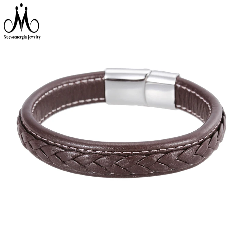 Popular Unisex Brown Leather Bracelet Stitched Plaited Bangle Cuff Jewelry