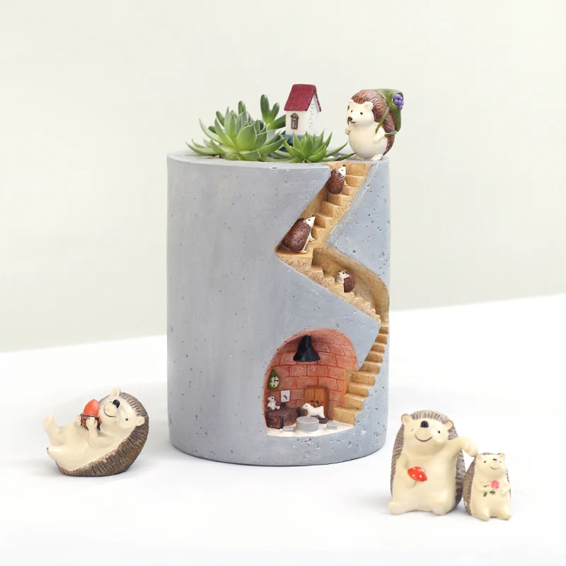 ROOGO Fairy Garden Unique Imitation Concrete Resin Plant Holder Small Planter Succulent Bonsai Pots Pen Holder Kids Gifts