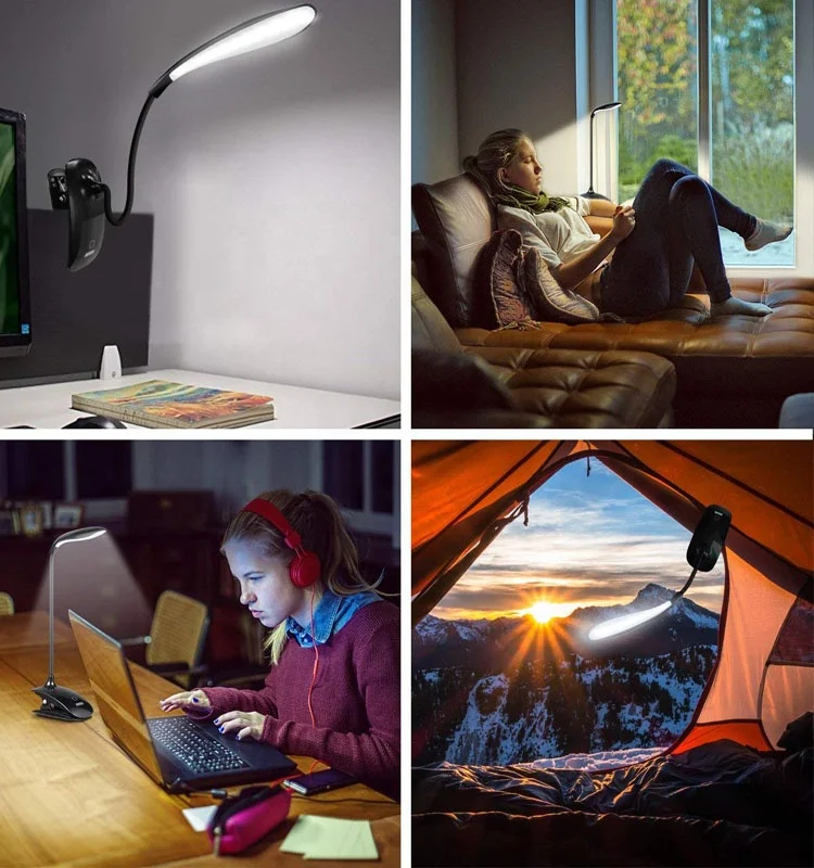Rechargeable 16 LED Book Light Clip on Reading Light Flexible Desk Lamp with Touch Switch 3 Levels Brightness Eye-Care
