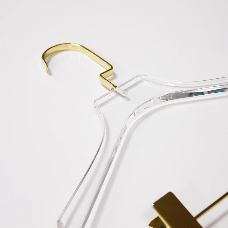 Wholesale clear acrylic coat pants hangers with 2 golden clips custom size logo printing