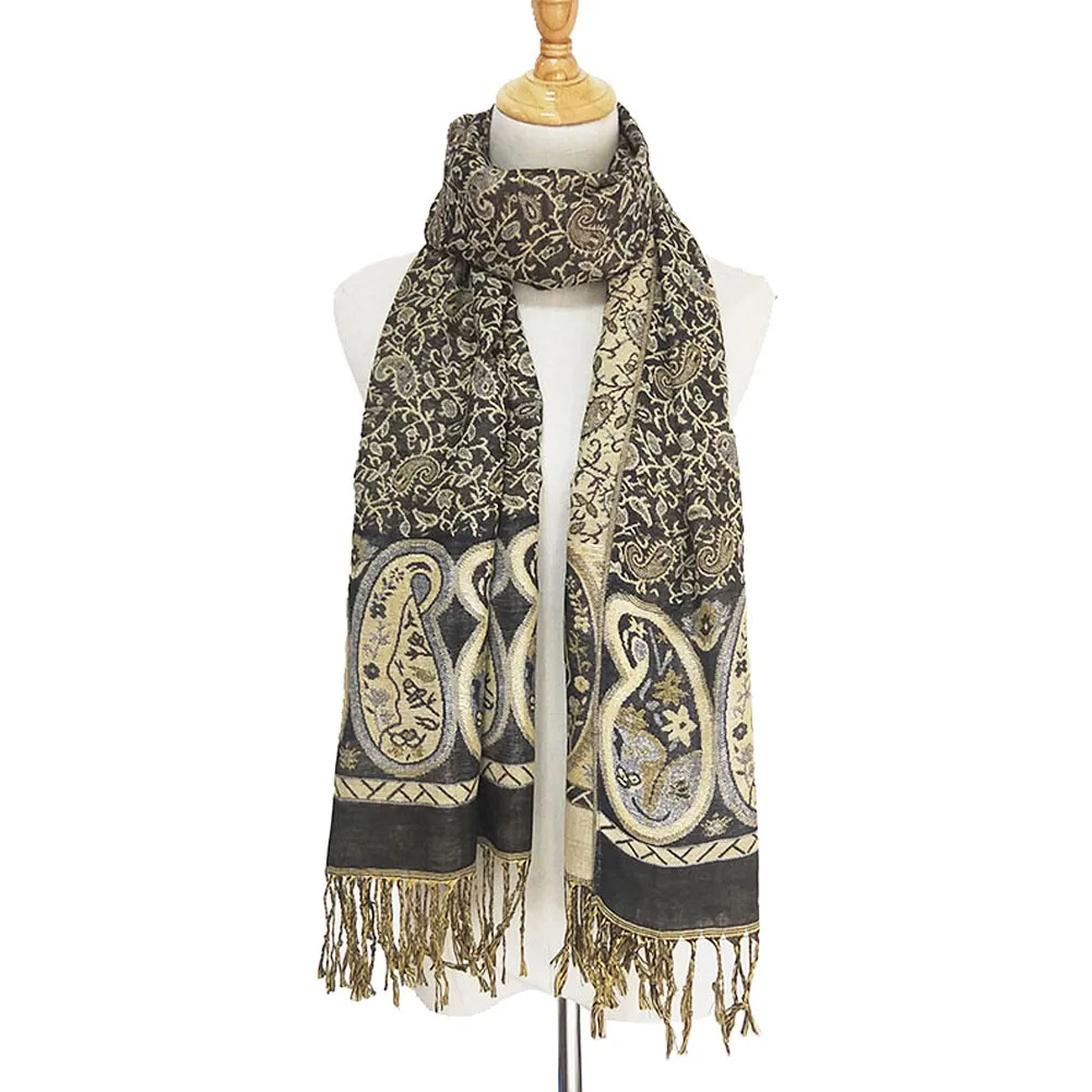 Pashmina Silk Paisley Border Pattern With Tassel Fringes Scarf Shawl Thin Stole Rave Gift for Women Autumn Winter Spring
