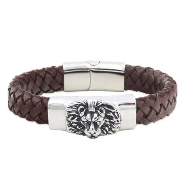 316l stainless steel lion head leather bracelet wholesale