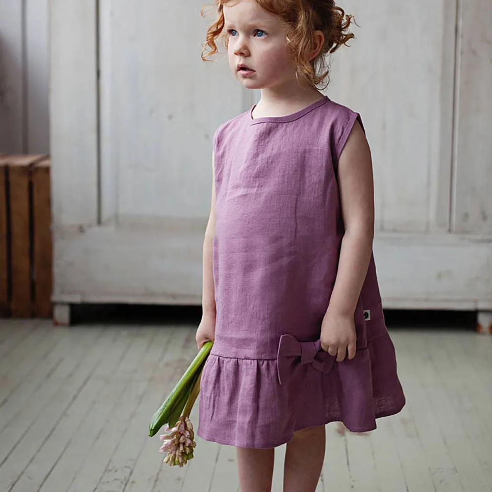 
INS popular wholesale children clothing teenage girl dresses in 100% linen fabric made in china 