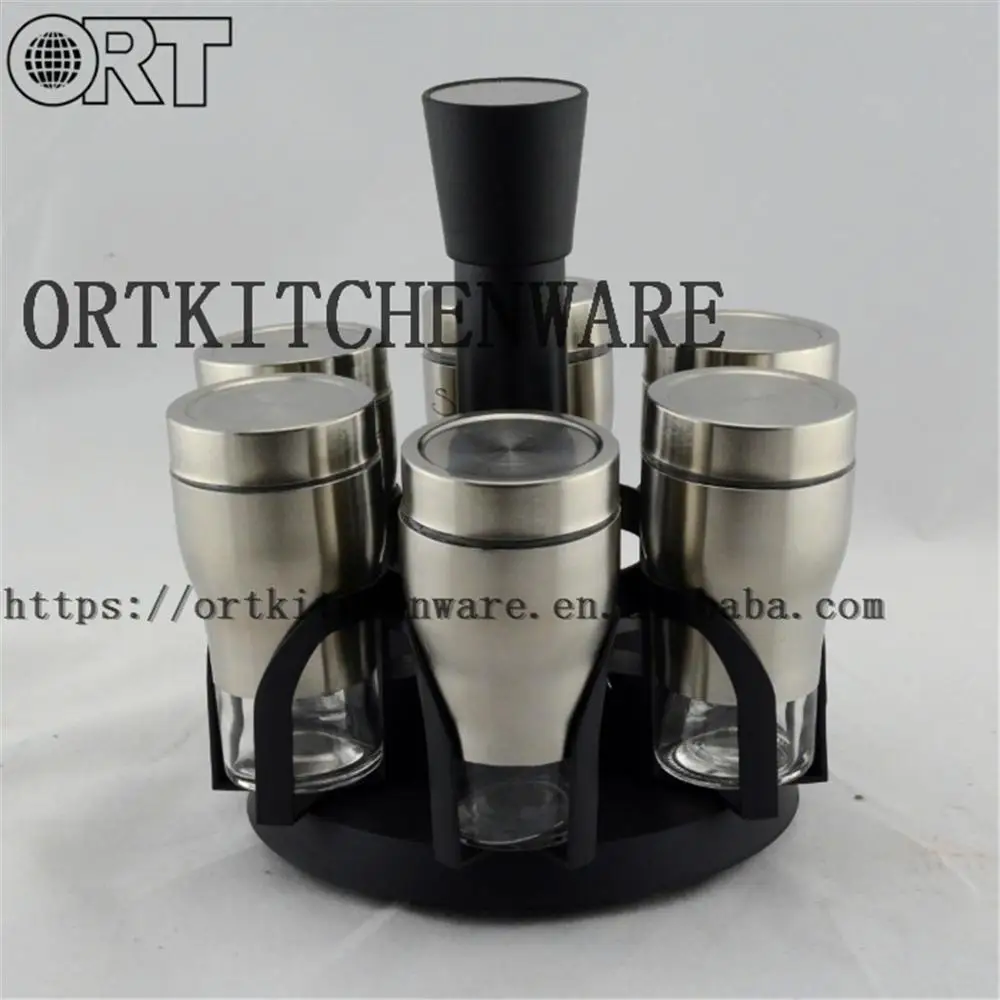 
mini glass spice jar set with metal sleeve and with rotating stand 
